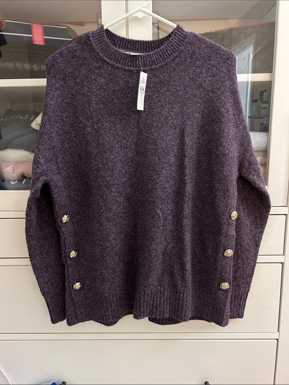 LOFT Plum Crewneck Sweater with Gold Side Buttons